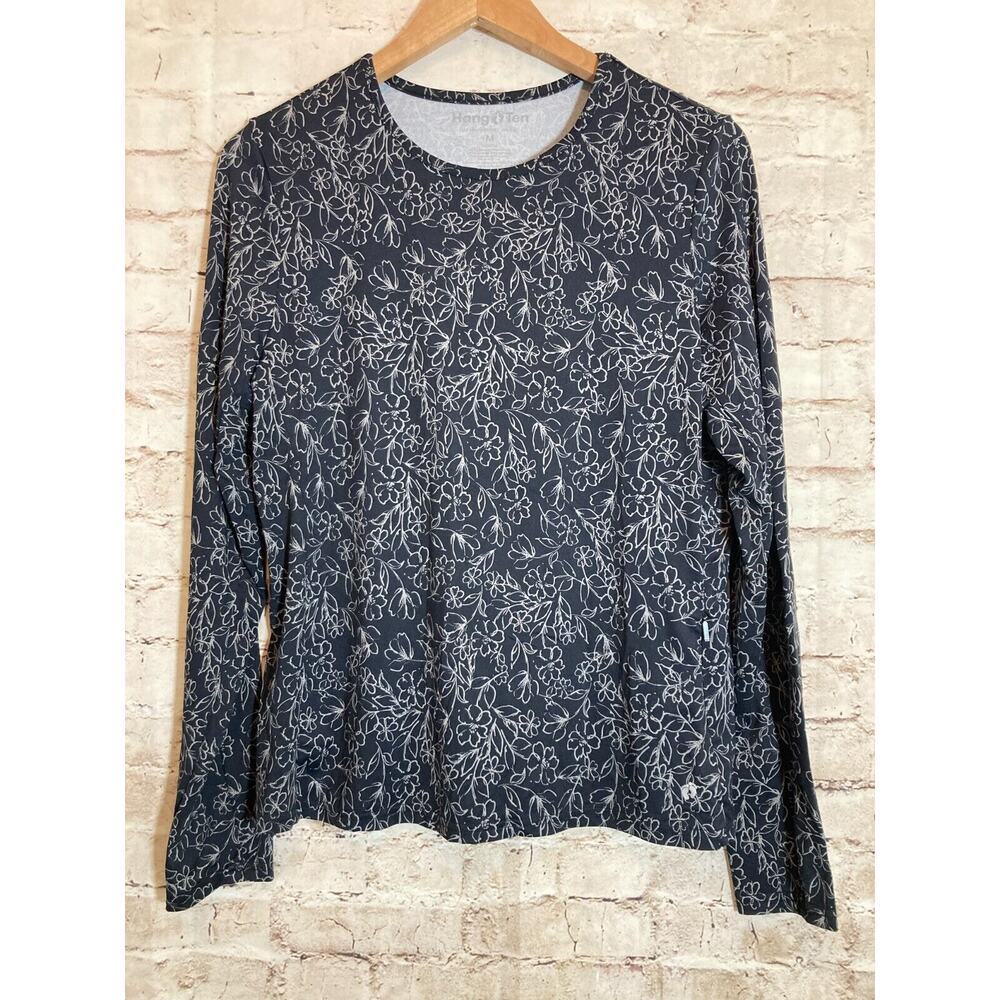 Hang Ten Top Womens Medium UV Protection UPF 50 Black Floral Zippered Pocket